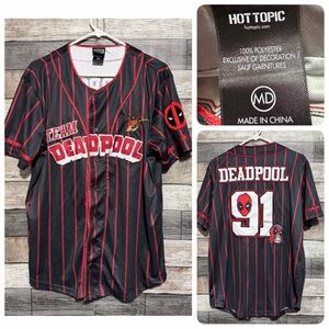 Marvel Our Universe Hot Topic Deadpool Baseball Jersey Size M Black Red Patches